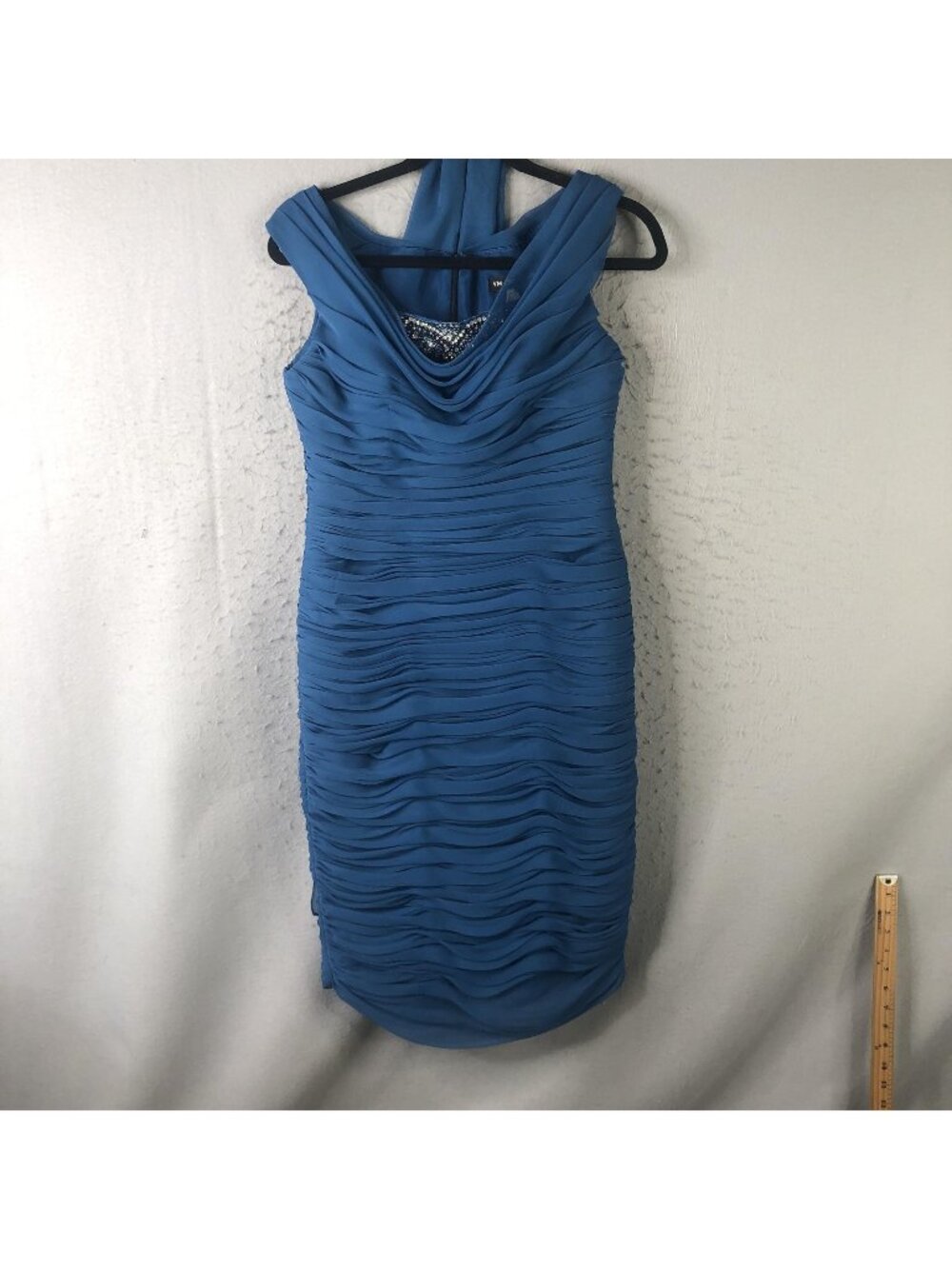 VM Collection Dress Womens 8 Blue Ruched Chiffon Sheath Beaded Cowl Cocktail